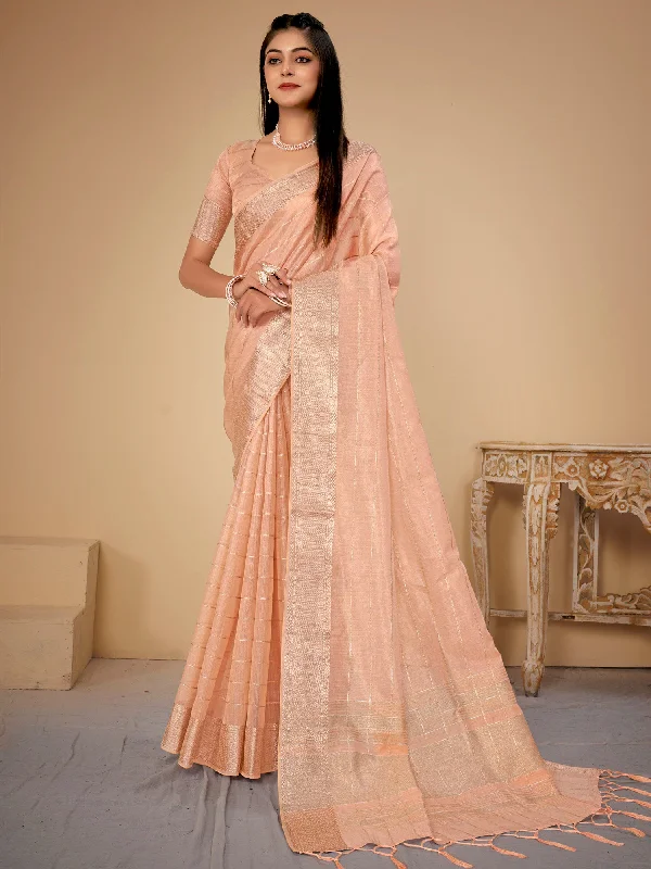 Women's Cotton Silk Peach Woven Design Designer Saree With Blouse Piece Double-Layered Blouse
