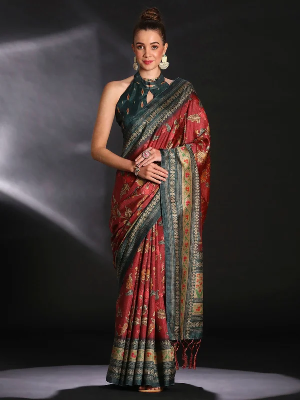 Women's Cotton Blend Maroon Printed Designer Saree With Blouse Piece Embroidered Floral Blouse