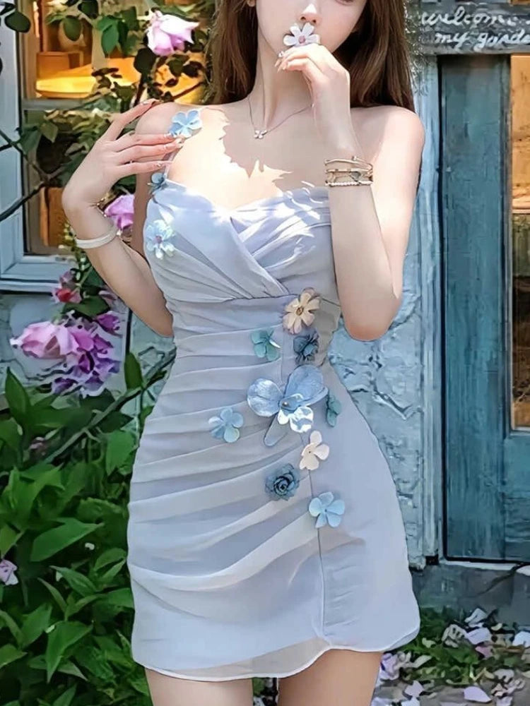 Advbridge Elegant Chic Sexy One Piece Dress Y2k Women Vintage Casual Slim Mini Dress Female France Fashion Flower Clothing 2024 Summer New Cozy Knit Mini Dress