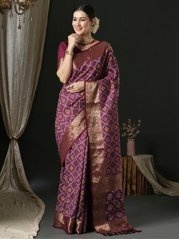 Women's Silk Blend Purple Woven Design Designer Saree With Blouse Piece Peter Pan Blouse