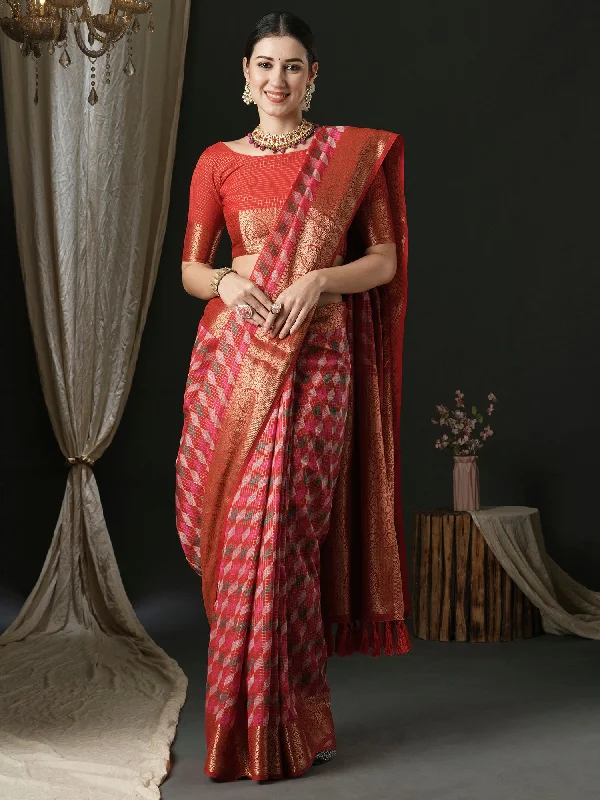 Women's Silk Blend Red Woven Design Designer Saree With Blouse Piece Boho Printed Blouse