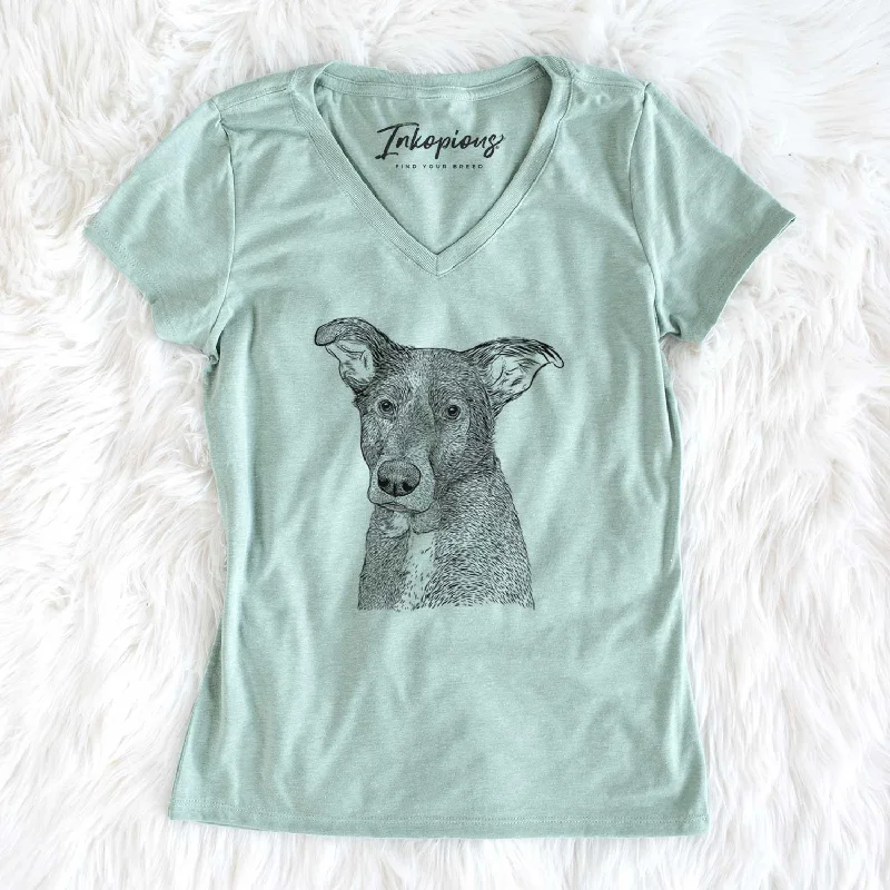 Bare Wilbur the Shepherd Mix - Women's V-neck Shirt-- Mesh Blend Leather Blend Suede Blend