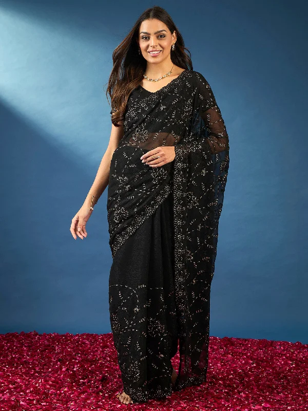 Women's Chiffon Black Embellished Designer Saree With Blouse Piece Versatile Layering Blouse