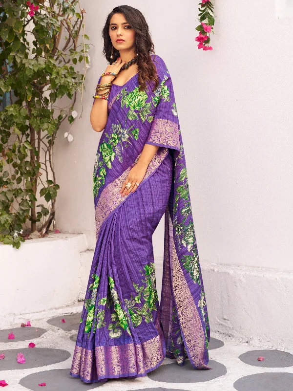 Women's Muga Silk Purple Printed Designer Saree With Blouse Piece Soft Pastel Blouse