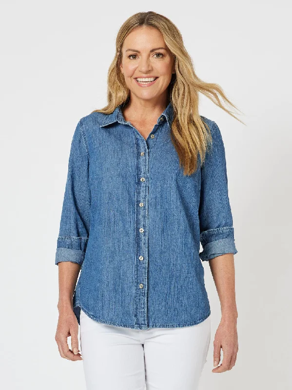 Denim Shirt - Denim-- Notch Collar Peter Pan Collar Cowl Neck