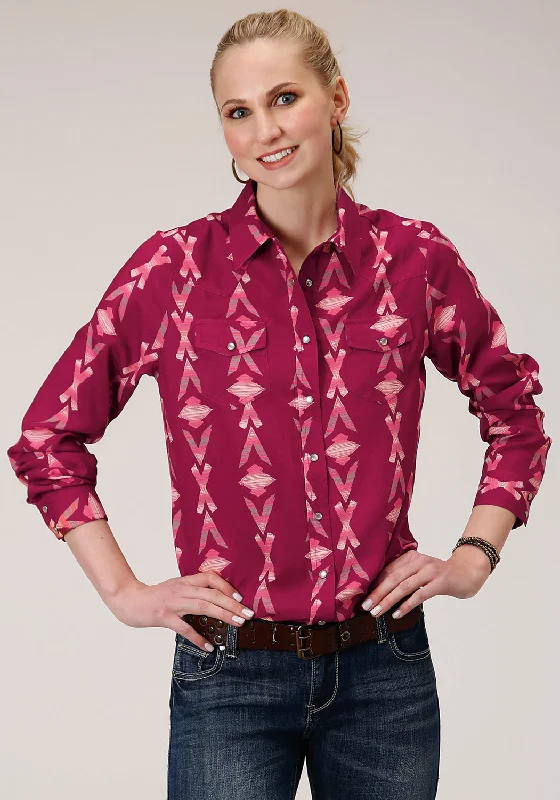 Roper Womens Wine Rayon/Nylon Aztec L/S Shirt-- Iron Safe Non-Iron Wrinkle Free