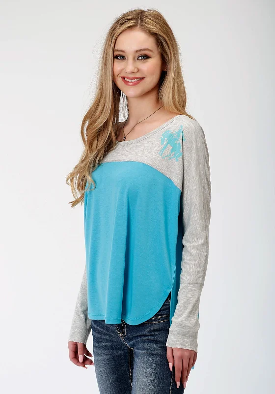 Roper Womens Grey/Blue Poly/Rayon Two Tone L/S T-Shirt-- Welt Pockets Slit Pockets Flap Pockets