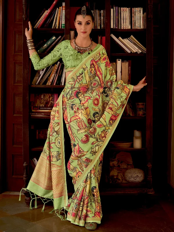 Women's Silk Blend Light Green Printed Designer Saree With Blouse Piece Satin Drape Blouse