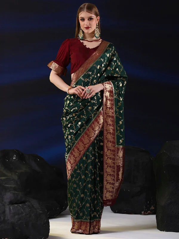Women's Silk Blend Dark Green Woven Design Designer Saree With Blouse Piece Embroidered Cotton Blouse