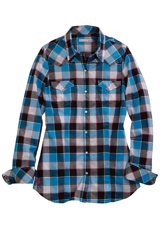 Tin Haul Womens Hot Buffalo Check Blue 100% Cotton L/S Shirt-- Oversized T-Shirt Spandex breathable
