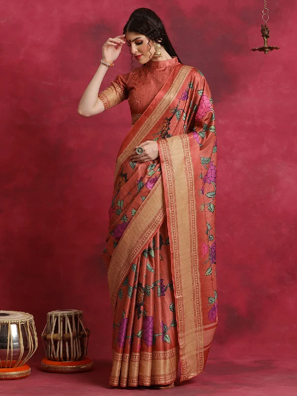 Women's Cotton Blend Rust Printed Designer Saree With Blouse Piece Chic Wrap Blouse