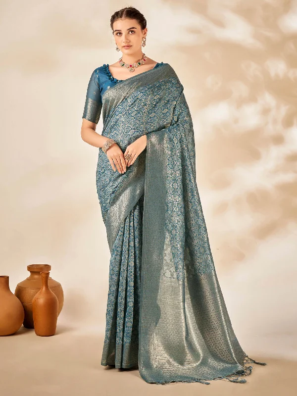 Women's Cotton Silk Teal blue Woven Design Designer Saree With Blouse Piece Semi-Sheer Blouse