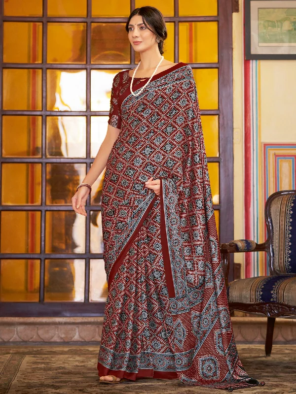 Women's Crepe Red Printed Designer Saree With Blouse Piece Chic Square Blouse