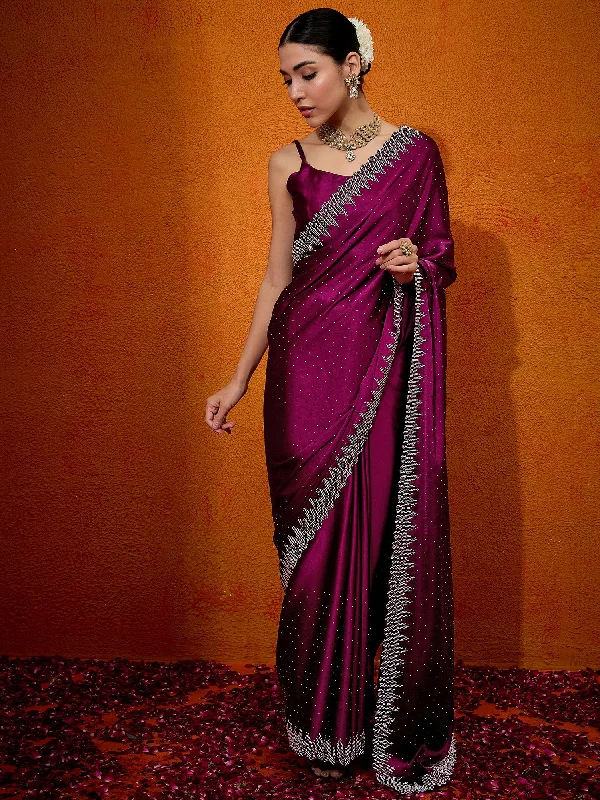 Women's Satin Silk Pink Embellished Designer Saree With Blouse Piece Sweetheart Neck Blouse