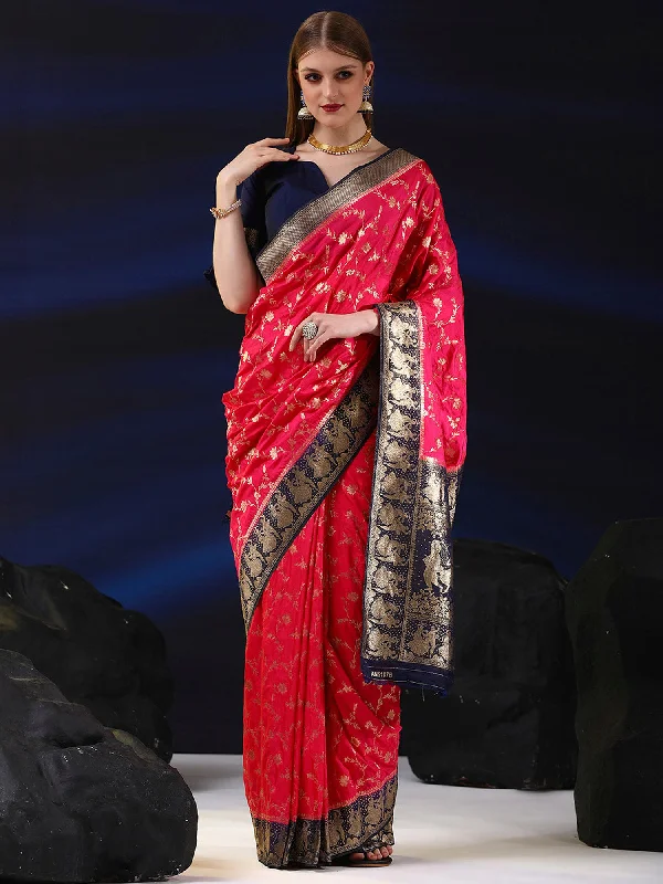 Women's Silk Blend Pink Woven Design Designer Saree With Blouse Piece Side Tie Blouse