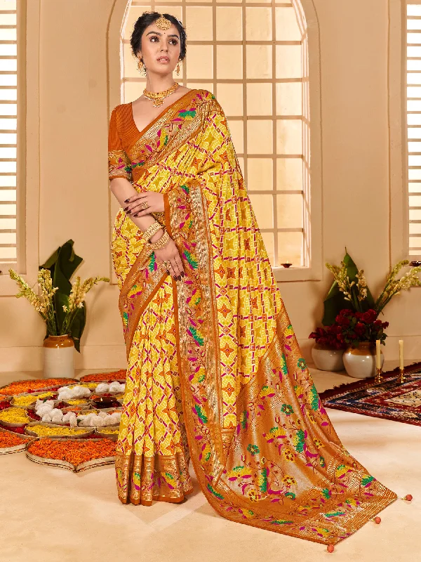 Women's Tussar Silk Yellow Printed Designer Saree With Blouse Piece Classic Minimalist Blouse