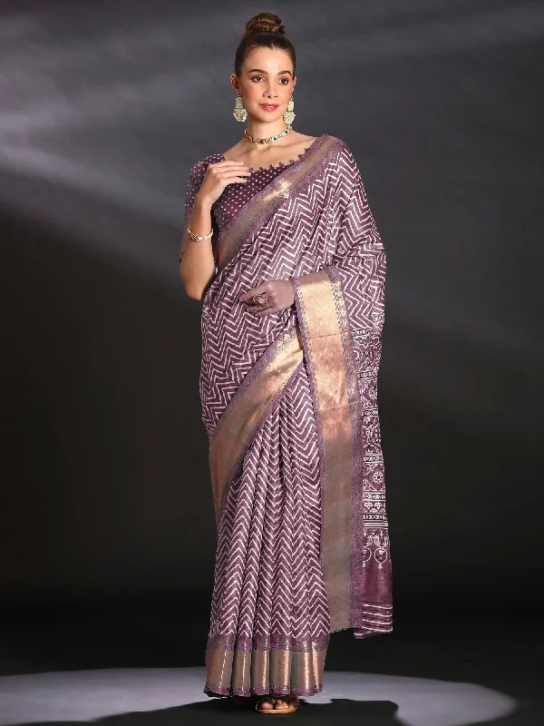 Women's Art Silk Mauve Printed Designer Saree With Blouse Piece Floral Chiffon Blouse