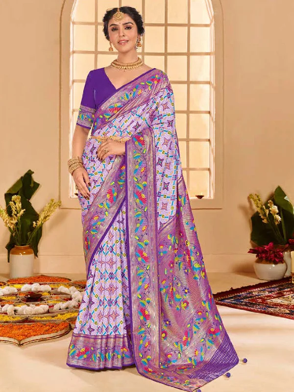 Women's Tussar Silk Lavender Printed Designer Saree With Blouse Piece Feminine Ruffle Blouse