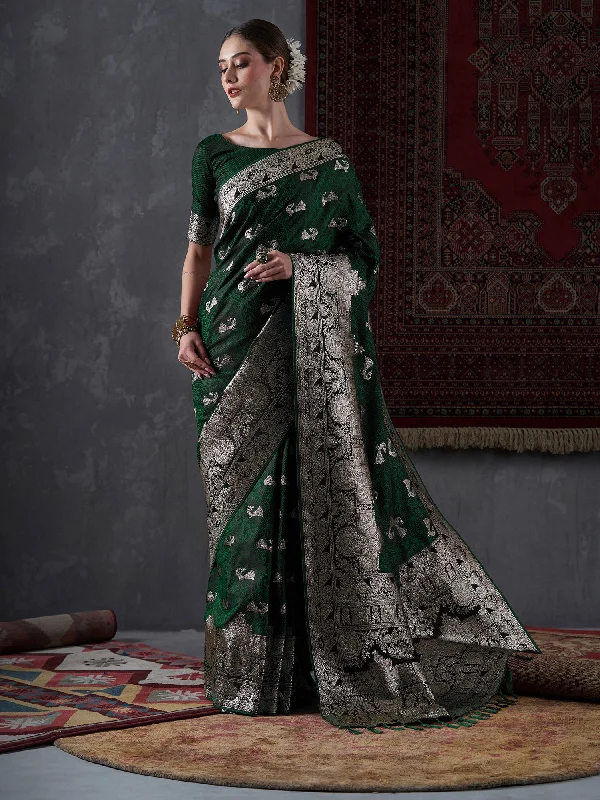 Women's Satin Silk Green Woven Design Designer Saree With Blouse Piece Drape Neck Blouse