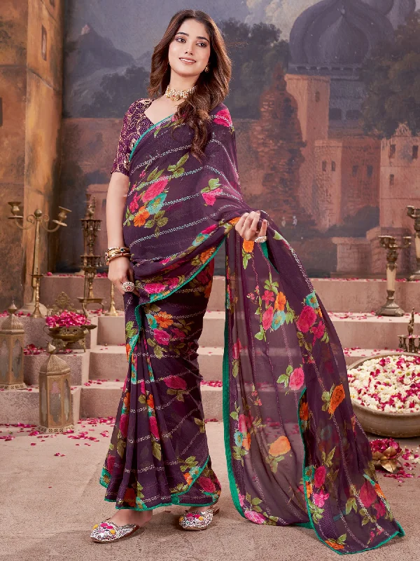 Women's Georgette Purple Embellished Designer Saree With Blouse Piece Soft Satin Blouse