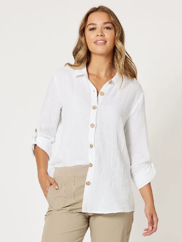 Byron Textured Cotton Shirt - White-- Spandex Blend Rayon Blend Denim Blend