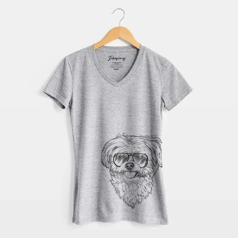 Aviator Rosie the Maltipoo - Women's V-neck Shirt-- Zippered Front Buttoned Front Snap Front