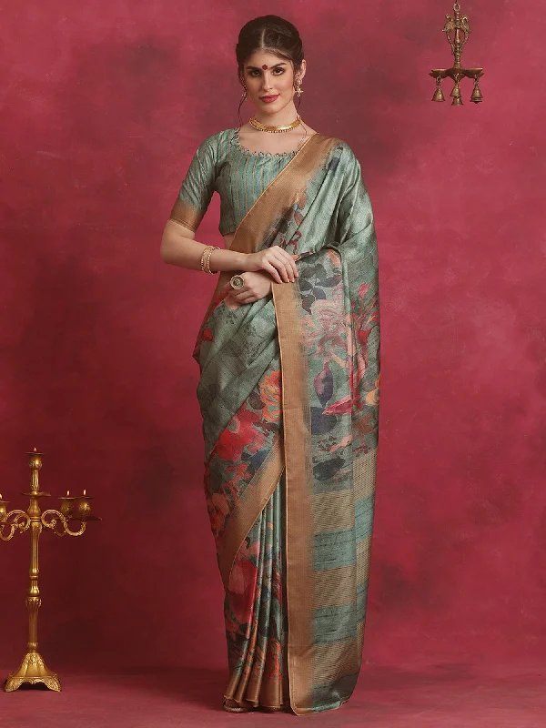Women's Cotton Blend Sea Green Printed Designer Saree With Blouse Piece Floral Print Blouse