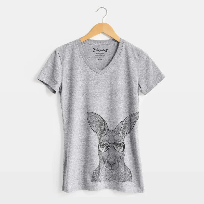 Aviator Roger the Red Kangaroo - Women's V-neck Shirt-- Notch Collar Peter Pan Collar Cowl Neck