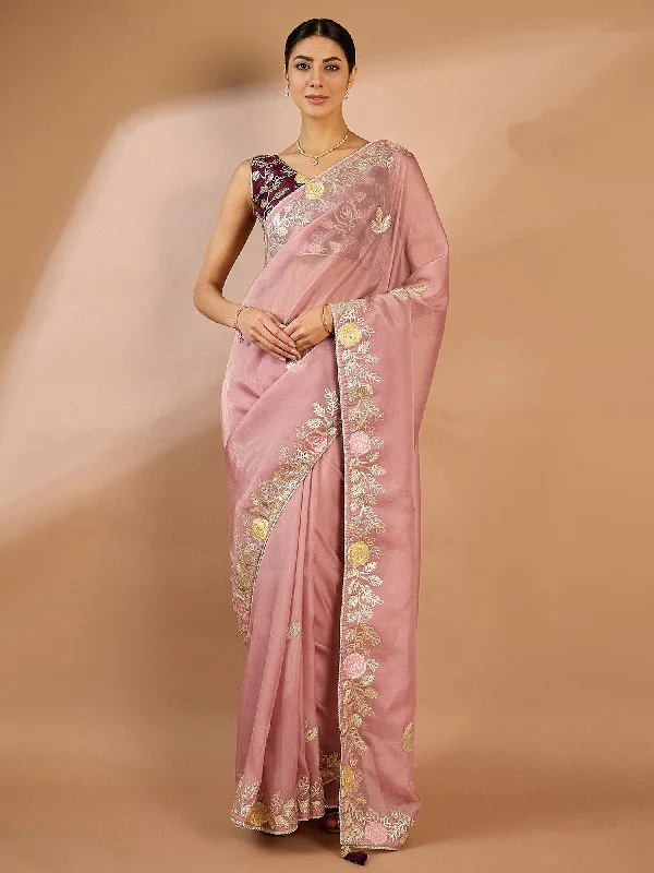 Women's Organza Mauve Embellished Designer Saree With Blouse Piece Boho Printed Blouse
