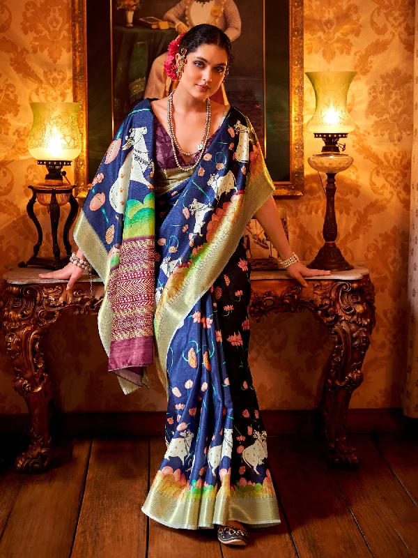 Women's Manipuri Silk Navy Blue Printed Designer Saree With Blouse Piece Textured Cotton Blouse