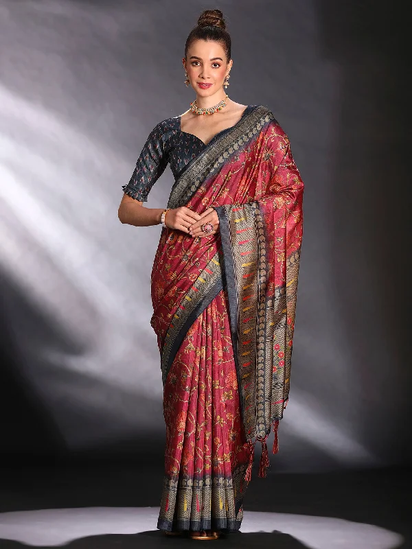 Women's Cotton Blend Maroon Printed Designer Saree With Blouse Piece Slim Fit Blouse