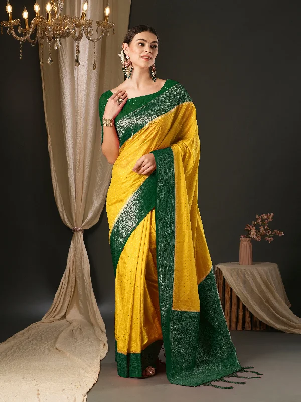 Women's Silk Blend Yellow Woven Design Designer Saree With Blouse Piece Boho Printed Blouse