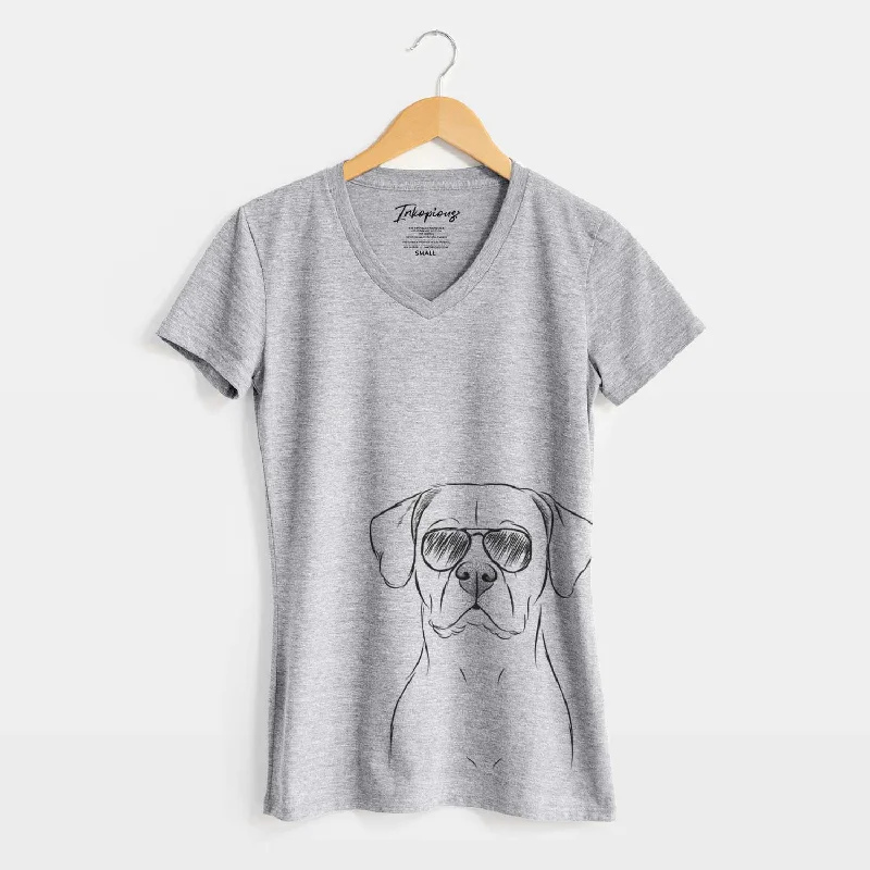 Aviator Rufio the Dogo Argentino - Women's V-neck Shirt-- Spandex Blend Rayon Blend Denim Blend
