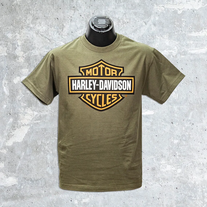 Wild Fire Harley Davidson- Olive Green T-Shirt with Orange Bar and Shield-- Elasticated Padded Insulated