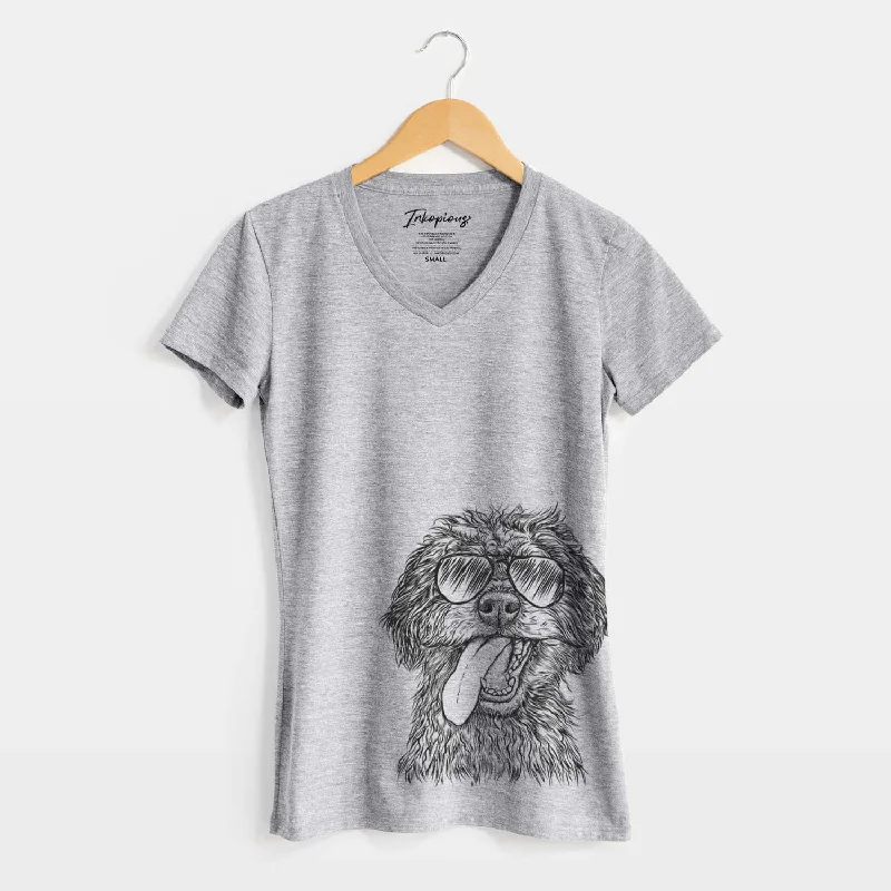 Aviator Winnie the Mini Aussiedoodle - Women's V-neck Shirt-- Fleece Nylon Spandex