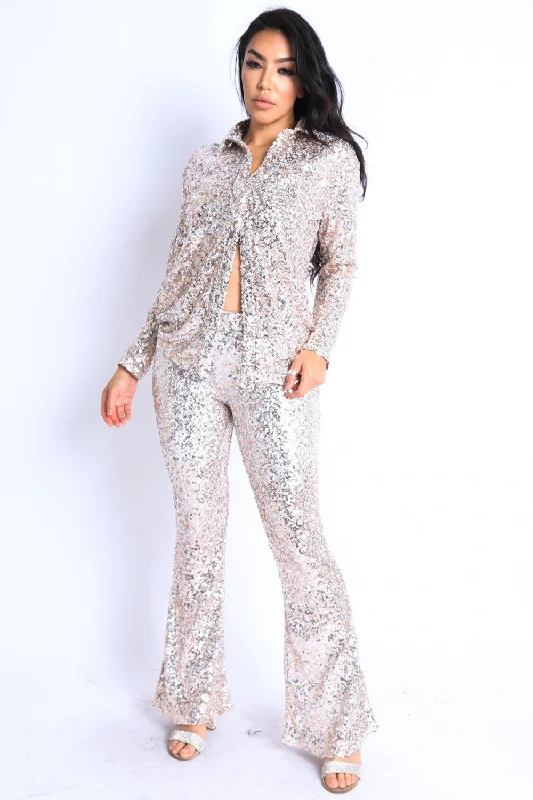 Sequin Button Down Shirt And Pant Set-- Seamless Knitted Crochet