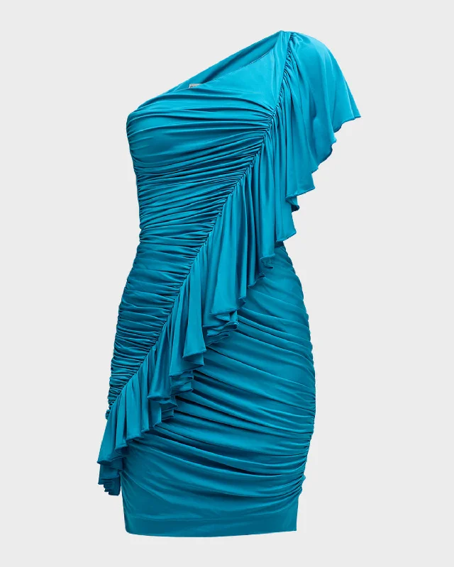 Ruched One-Shoulder Ruffle Mini Dress Classic Casual Mini Dress
