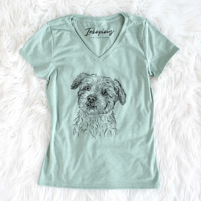 Bare Roxie the Schnauzer Shih Tzu Mix - Women's V-neck Shirt-- Jersey Fabric Tulle Fabric Batik Fabric