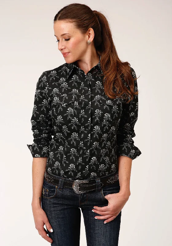 Roper Womens Black/Cream Cotton Blend Floral Print L/S Shirt-- Satin Fabric Silk Fabric Chiffon Fabric