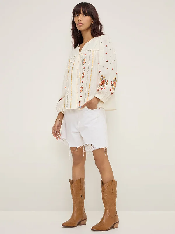 Bombay Paisley White Embroidered Cotton Blouse Business Casual Blouse