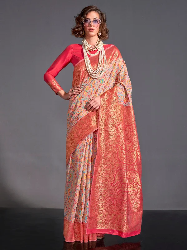 Women's Silk Blend Beige Woven Design Designer Saree With Blouse Piece Chic Wrap Blouse