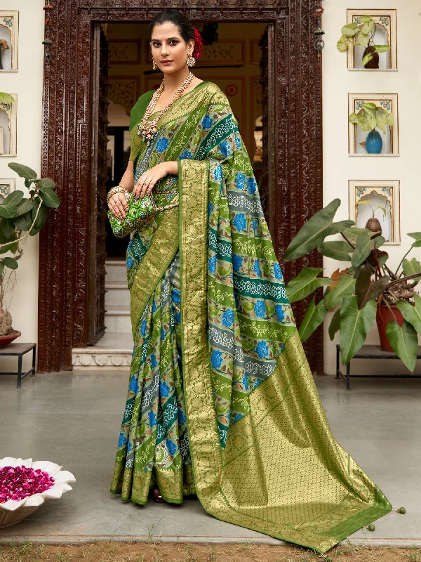 Women's Tussar Silk Light Green Printed Designer Saree With Blouse Piece Textured Cotton Blouse