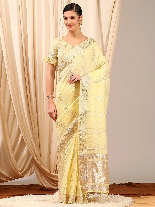 Women's Linen Yellow Woven Design Designer Saree With Blouse Piece Loose Oversized Blouse