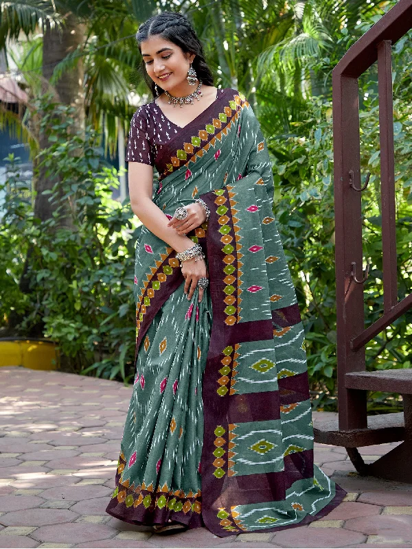Women's Cotton Sea Green Printed Designer Saree With Blouse Piece Embellished Collar Blouse
