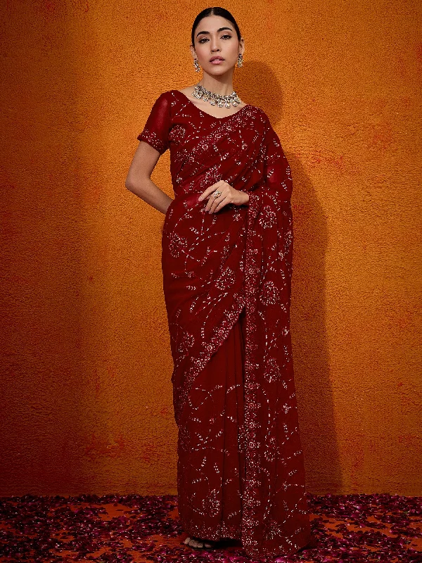 Women's Chiffon Red Embellished Designer Saree With Blouse Piece Casual Stripe Blouse