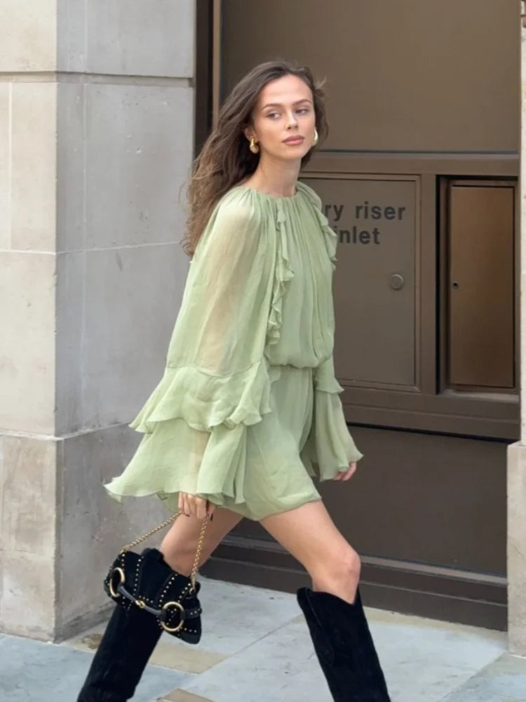Advbridge Fashion Green Women's Ruffles Pleated Mini Dress Elegant O-neck Long Sleeves High Waist Dresses Female New Vacation Vestido 2024 Casual V-Neck Mini Dress