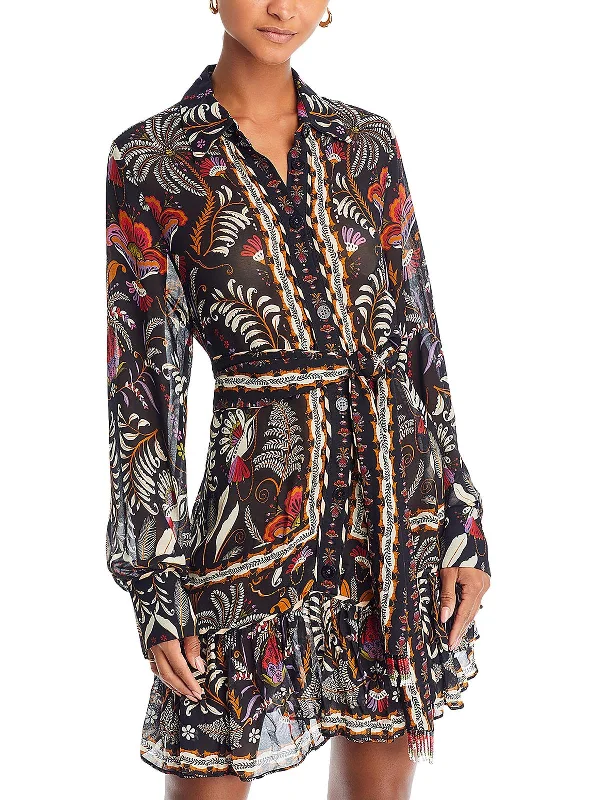 Classic Garden Womens Long Sleeve Button Down Mini Dress Stylish Ruffle Mini Dress