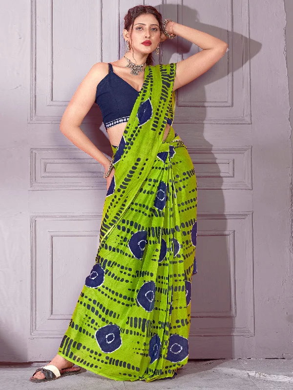 Women's Cotton Green Printed Designer Saree With Blouse Piece High Neck Blouse