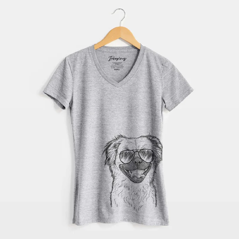 Aviator Zuri the Spaniel Mix - Women's V-neck Shirt-- Cotton Fabric Linen Fabric Terry Fabric