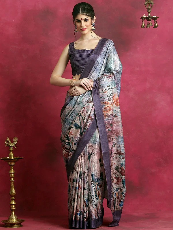 Women's Cotton Blend Violet Printed Designer Saree With Blouse Piece Mandarin Collar Blouse